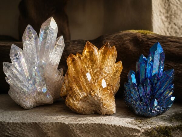 Aura crystal cluster collection with natural multi-point crystals in clear, gold, and blue tones and an iridescent finish