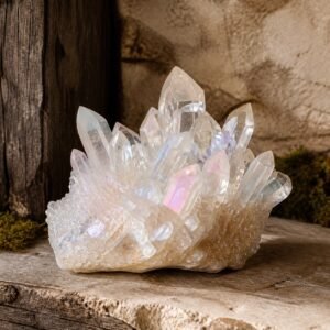 Clear Aura crystal cluster with a clear look and iridescent aura-style finish