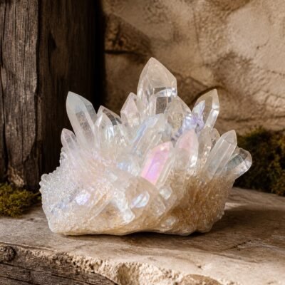 Clear Aura crystal cluster with a clear look and iridescent aura-style finish