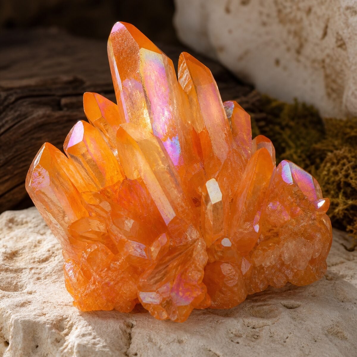 Tangerine Aura crystal cluster with an iridescent aura-style finish