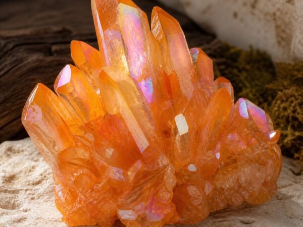 aura-crystal-cluster-collection-03-tangerine Tangerine Aura crystal cluster with an iridescent aura-style finish