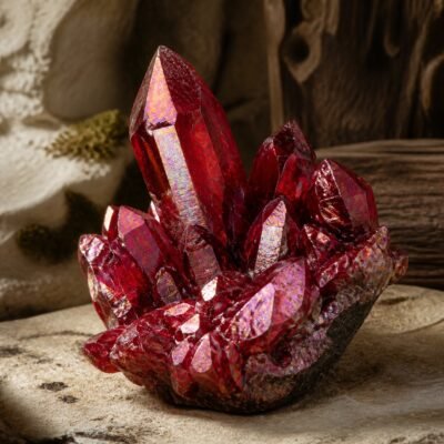 Crimson Aura crystal cluster with a rich red tone and iridescent aura-style finish