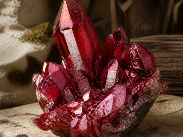 Crimson Aura crystal cluster with a rich red tone and iridescent aura-style finish