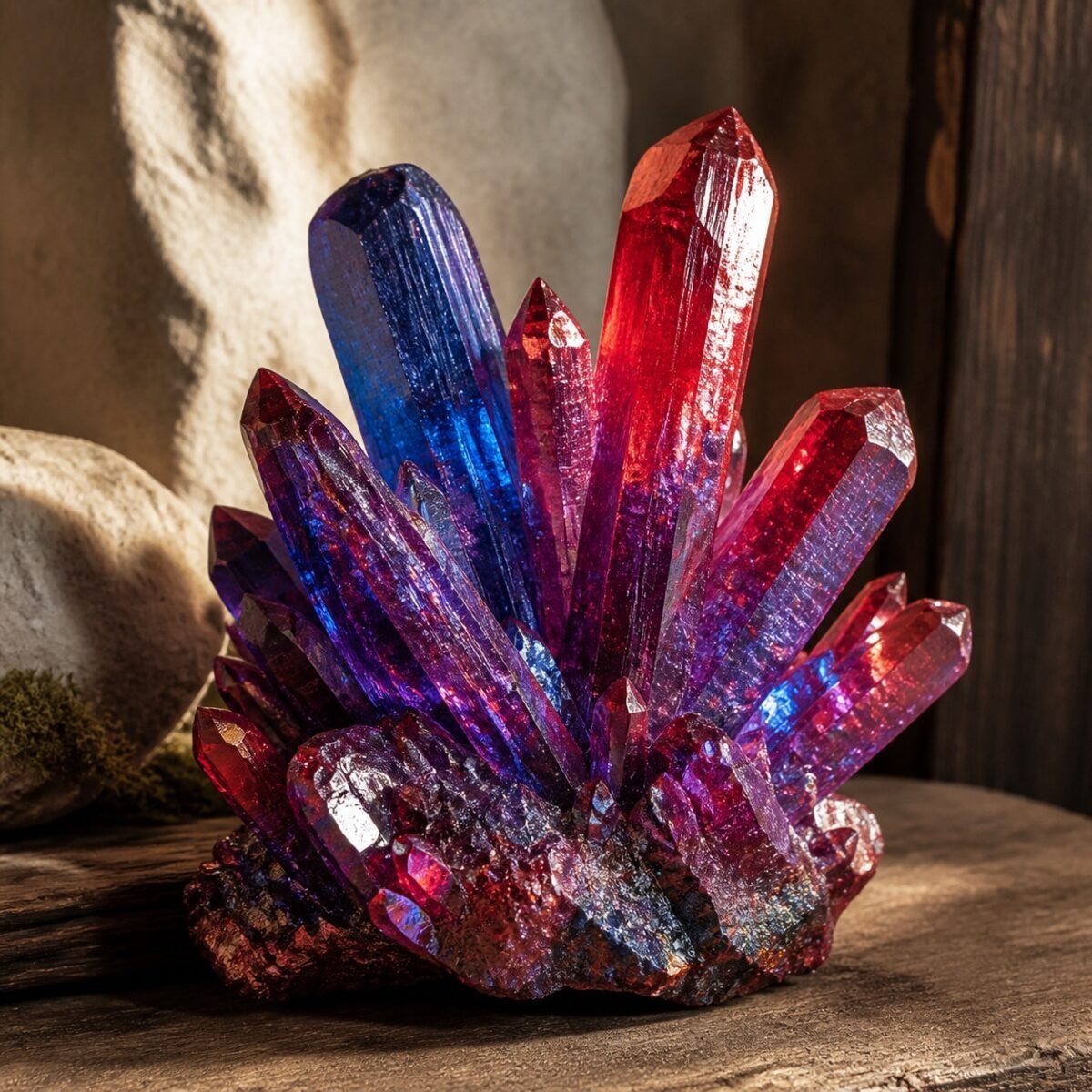 Ruby & Cobalt Aura crystal cluster with vivid red-and-blue tones and iridescent finish