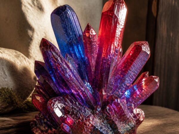 Ruby & Cobalt Aura crystal cluster with vivid red-and-blue tones and iridescent finish