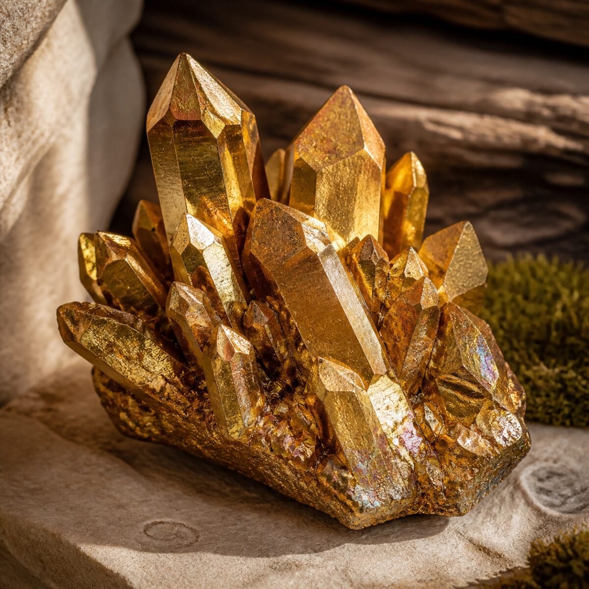 Golden Aura crystal cluster with an iridescent aura-style finish