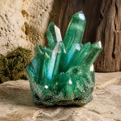 Emerald Aura crystal cluster with a green glow and iridescent aura-style finish