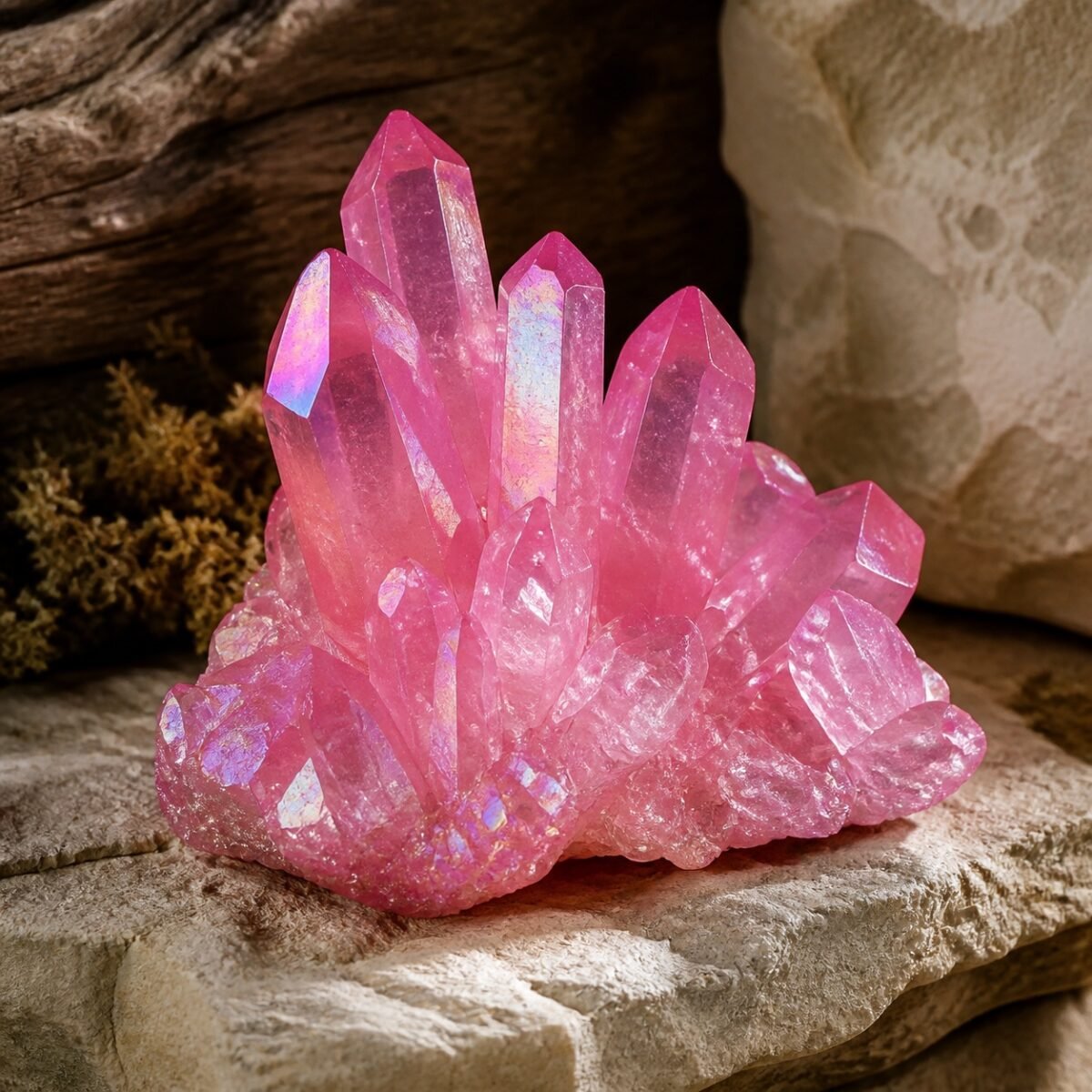 Rose Aura crystal cluster with a soft pink tone and iridescent aura-style finish