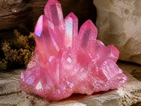 aura-crystal-cluster-collection-08-rose Rose Aura crystal cluster with a soft pink tone and iridescent aura-style finish