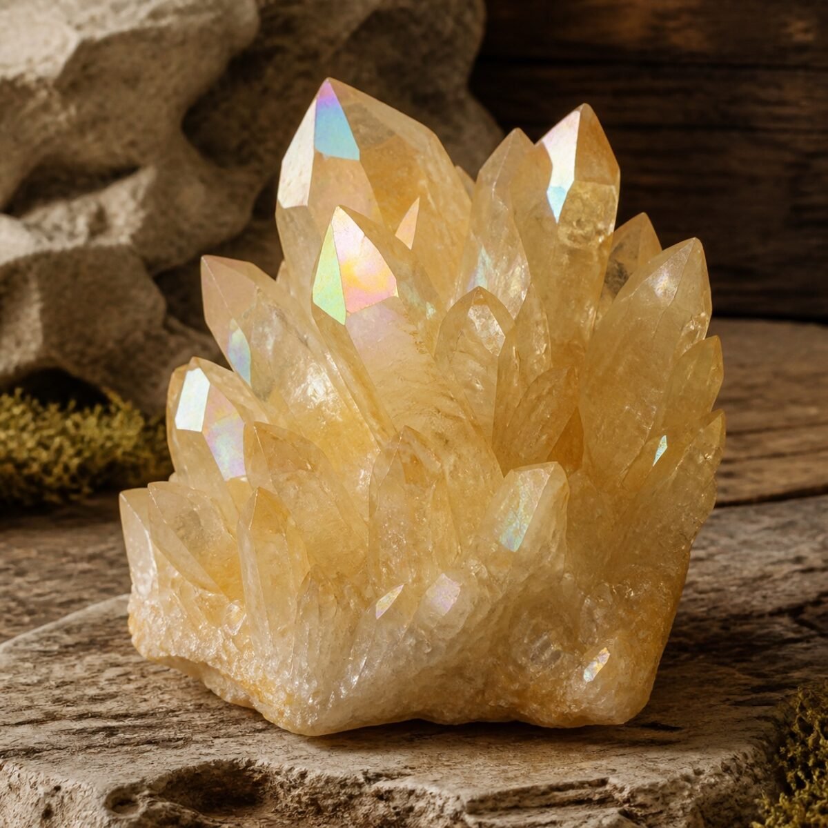 aura-crystal-cluster-collection-09-pale-yellow Pale Yellow Aura crystal cluster with a light yellow tone and iridescent aura-style finish