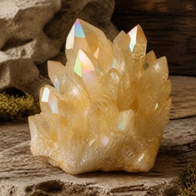 aura-crystal-cluster-collection-09-pale-yellow Pale Yellow Aura crystal cluster with a light yellow tone and iridescent aura-style finish
