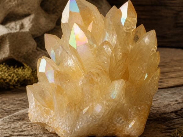 Pale Yellow Aura crystal cluster with a light yellow tone and iridescent aura-style finish