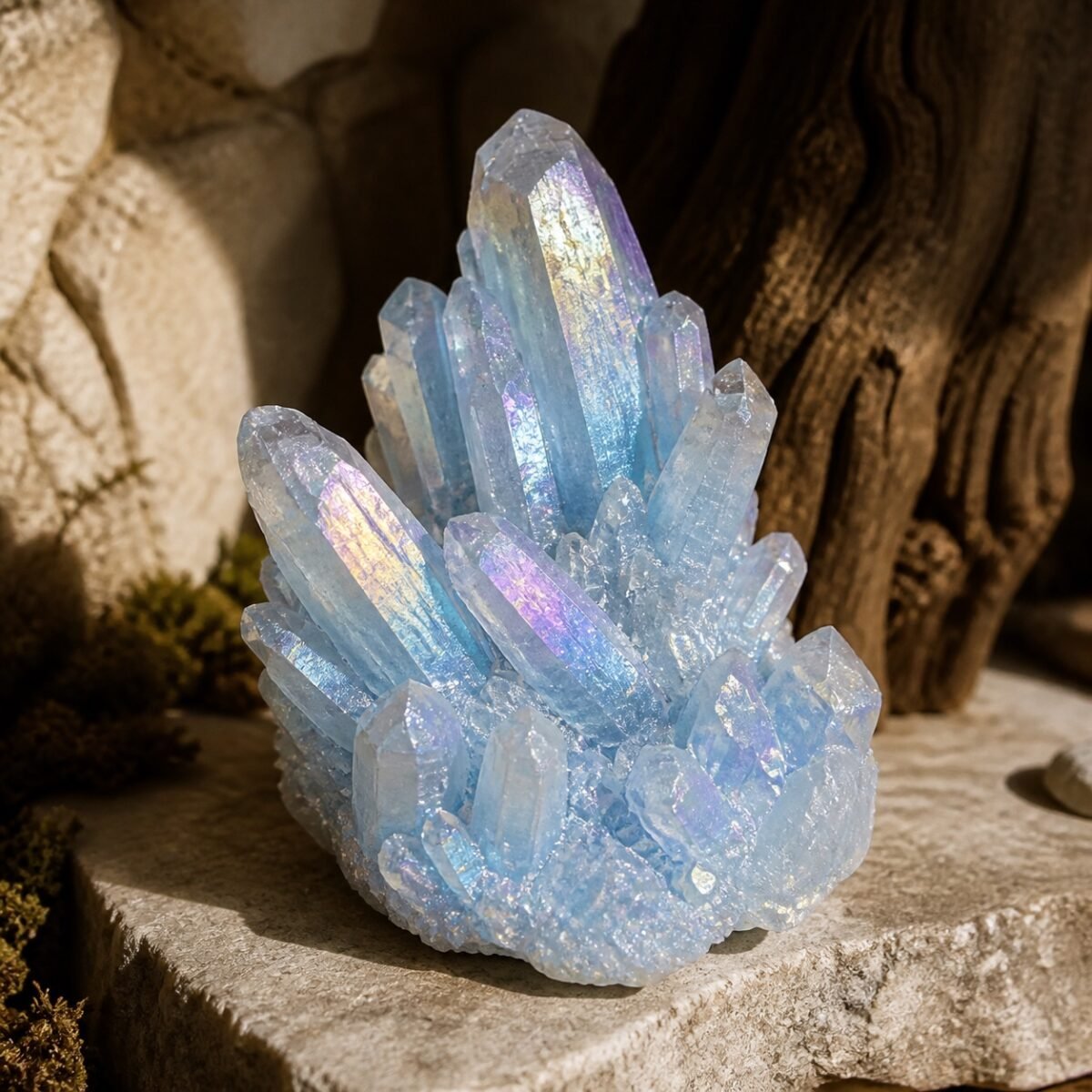 Sky Blue Aura crystal cluster with a light blue tone and iridescent aura-style finish