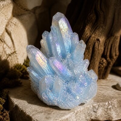 Sky Blue Aura crystal cluster with a light blue tone and iridescent aura-style finish