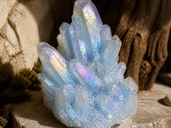 Sky Blue Aura crystal cluster with a light blue tone and iridescent aura-style finish