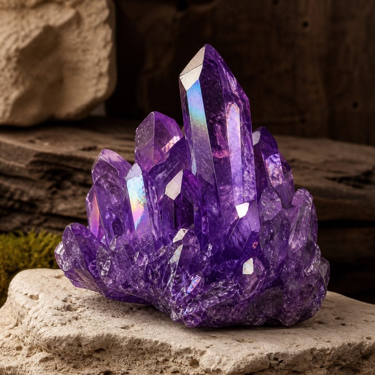 Deep Violet Aura crystal cluster with iridescent aura-style finish