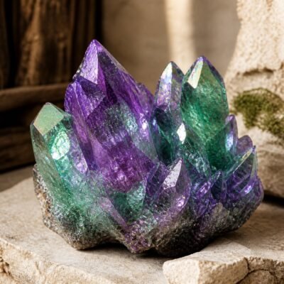 Violet and green aura crystal cluster with iridescent aura-style finish