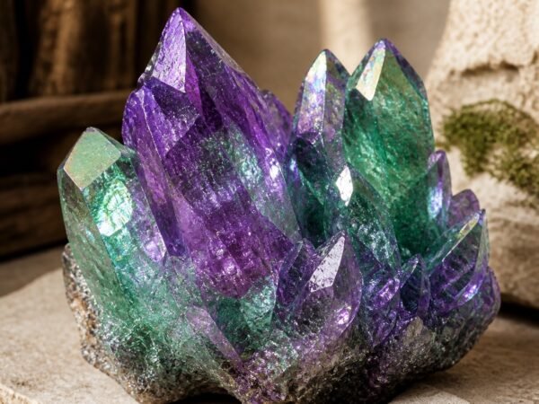 aura-crystal-cluster-collection-16-violet-green Violet and green aura crystal cluster with iridescent aura-style finish
