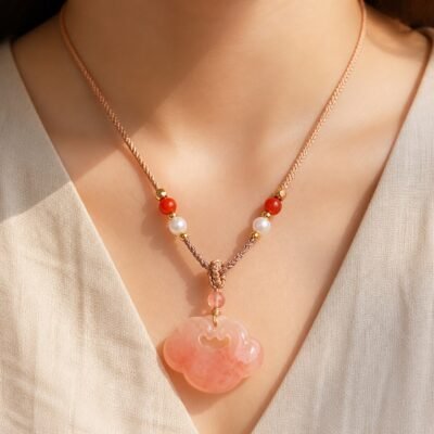 auspicious-cloud-rose-chalcedony-protection-necklace-03-wearing Auspicious Cloud Rose Chalcedony Protection Necklace