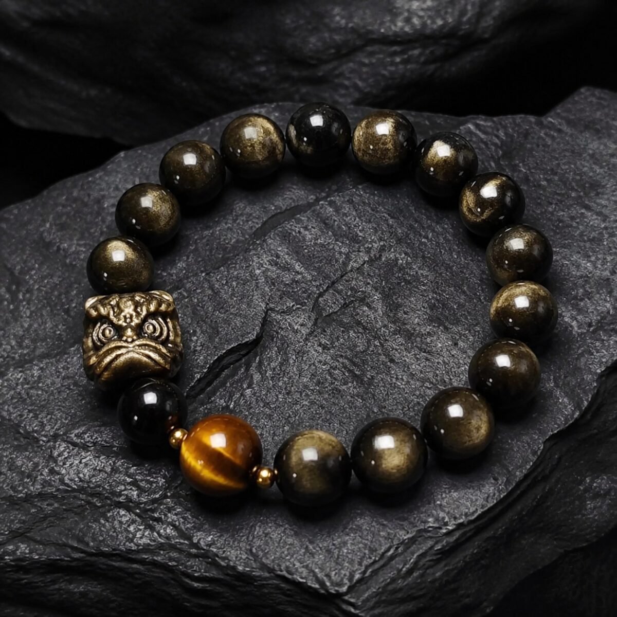 awakened-lion-tiger-eye-obsidian-protection-bracelet-01-main Obsidian Protection Bracelet with Tiger Eye and Gold-Tone Details