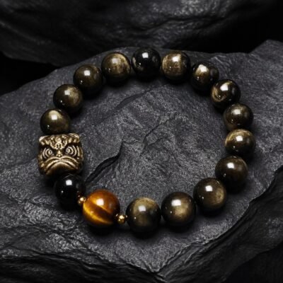 awakened-lion-tiger-eye-obsidian-protection-bracelet-01-main Obsidian Protection Bracelet with Tiger Eye and Gold-Tone Details