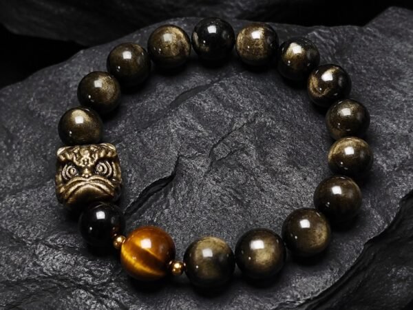 Obsidian Protection Bracelet with Tiger Eye and Gold-Tone Details