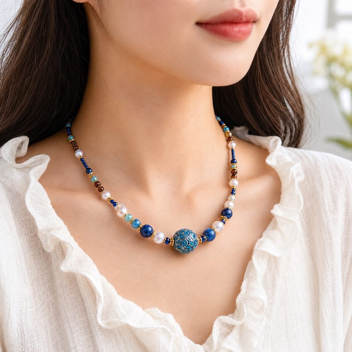 Azure Flow Pearl & Lapis Lacquer Necklace