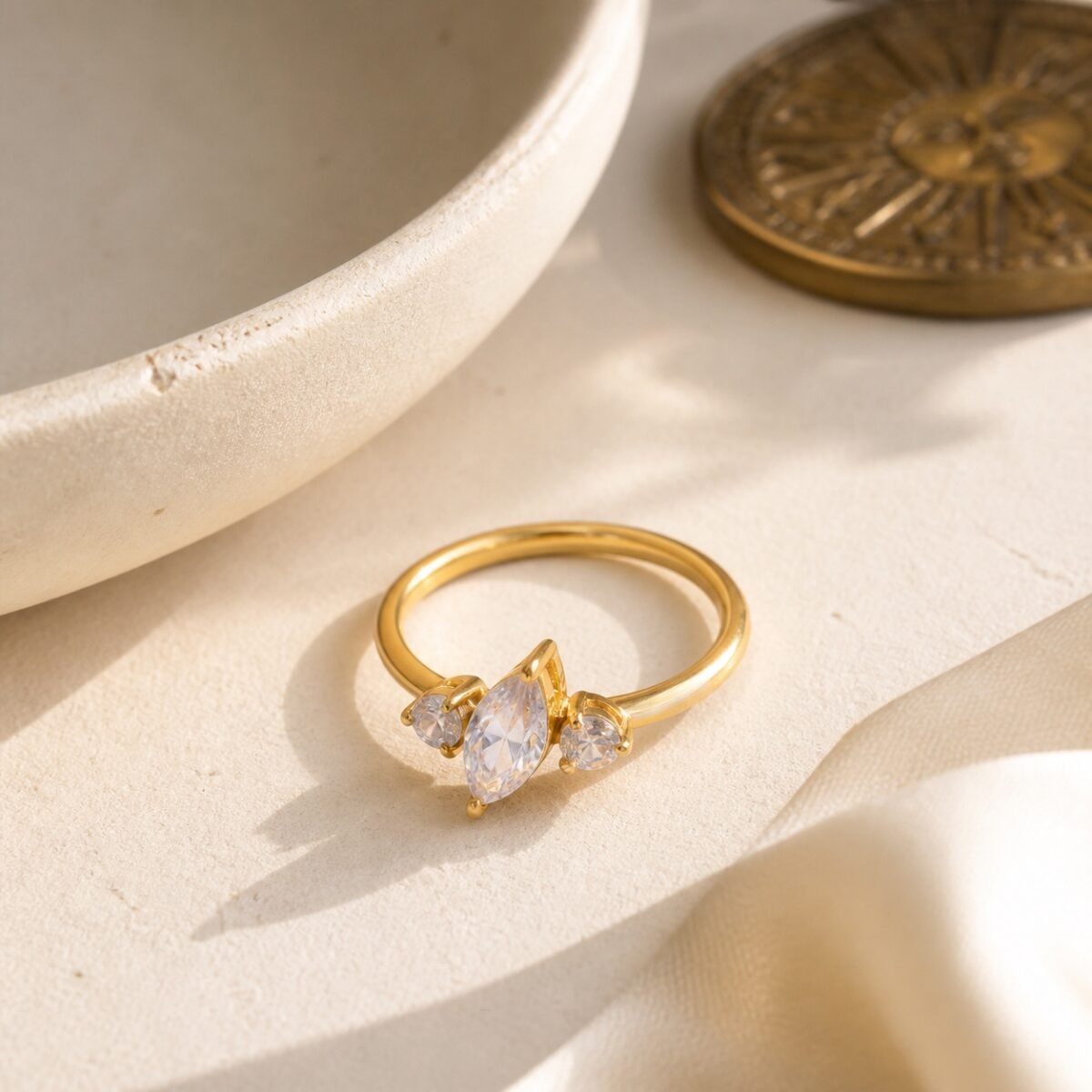 April Clear Quartz Birthstone Marquise Trio Ring – Gold
