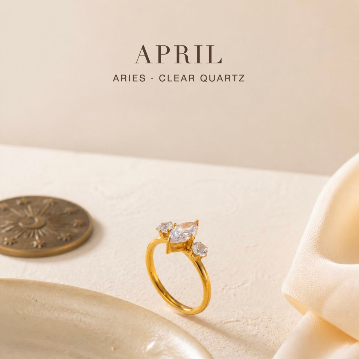April Clear Quartz Birthstone Marquise Trio Ring – Gold