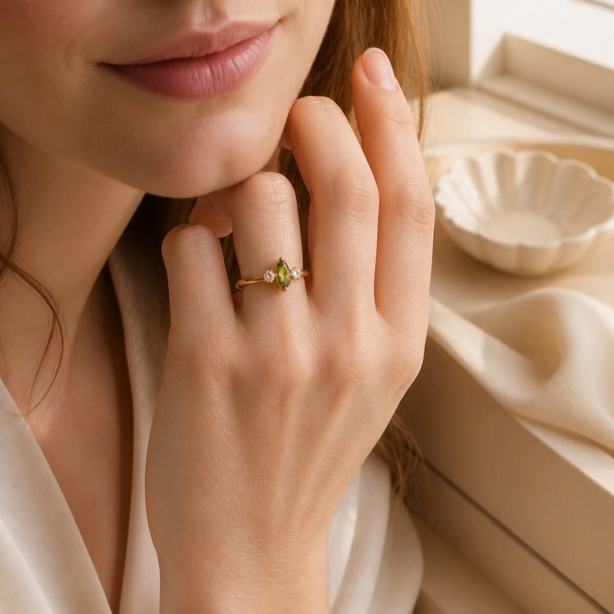 August Peridot Birthstone Marquise Trio Ring – Gold