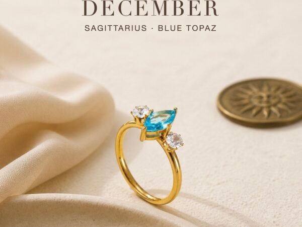 December birthstone ring with blue topaz-colour centre crystal and two clear accent crystals