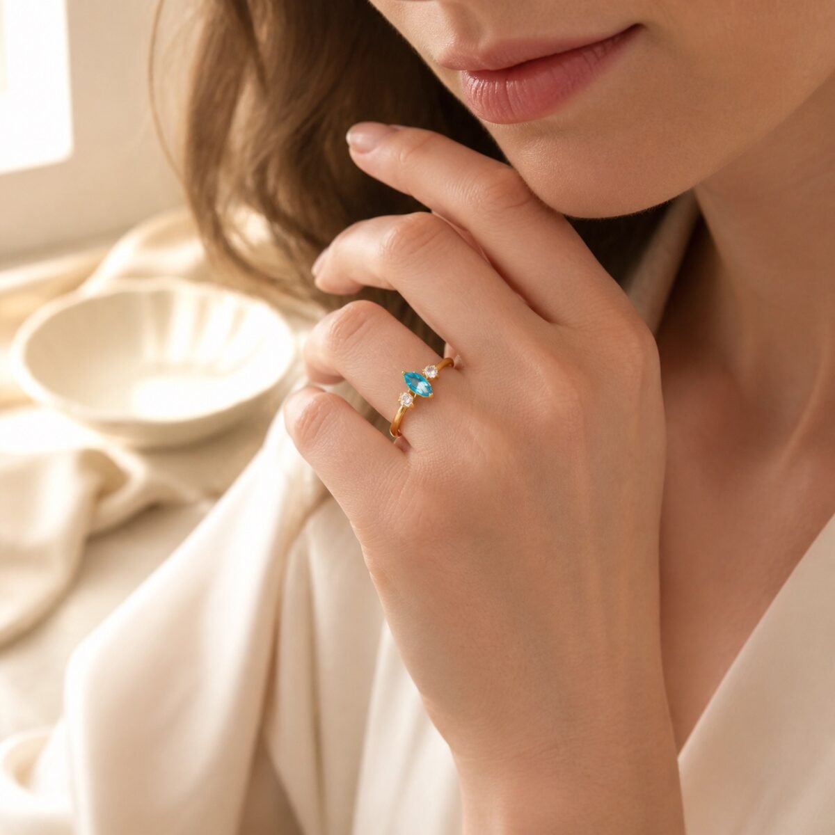December Blue Topaz Birthstone Marquise Trio Ring – Gold