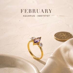 Gold Birthstone Marquise Trio Rings - February