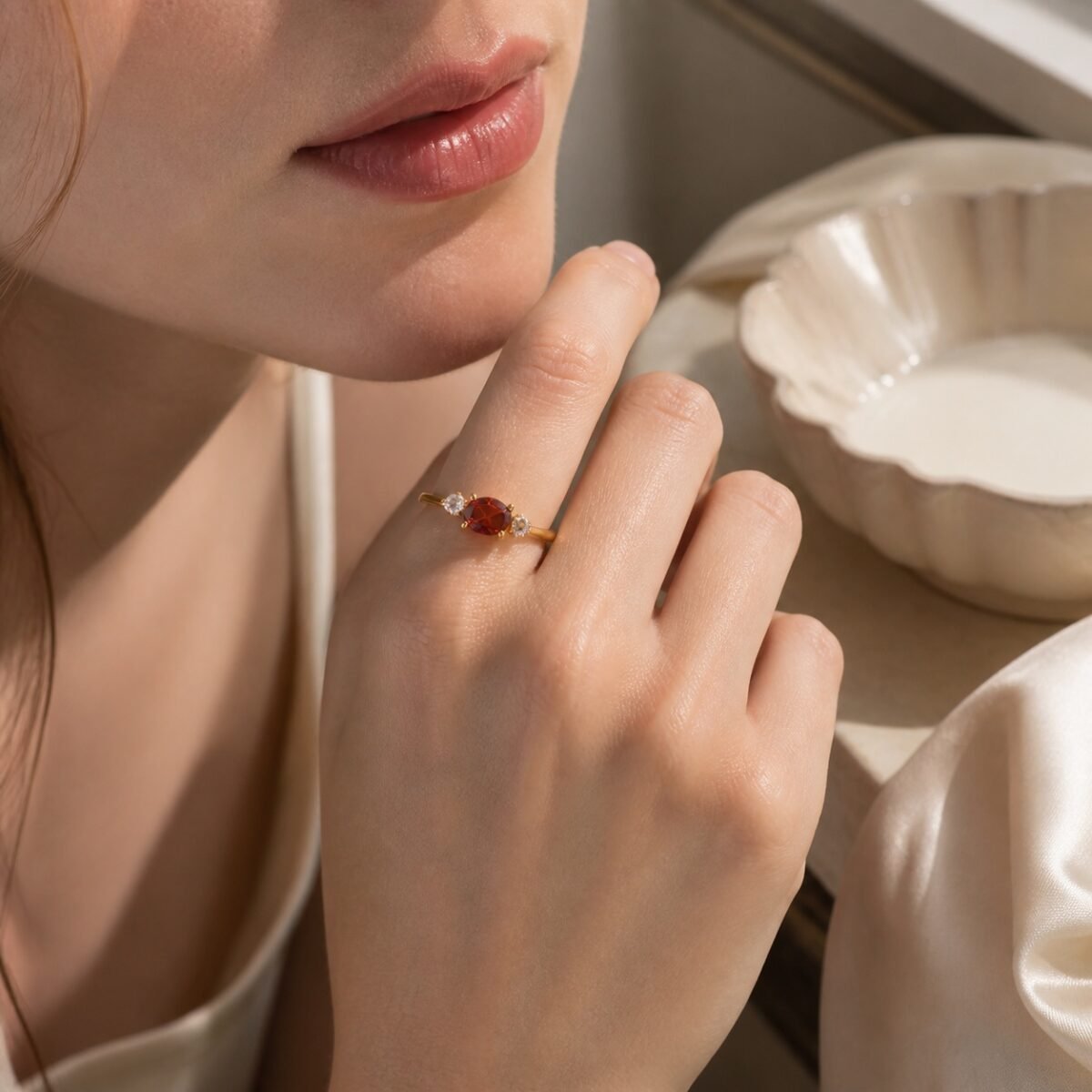 birthstone-marquise-trio-ring-gold-january-garnet-03-worn-light Gold Birthstone Marquise Trio Rings