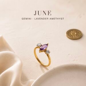 June lavender amethyst marquise trio birthstone ring in gold tone