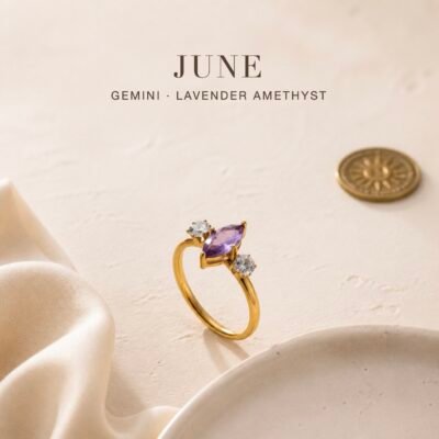 June lavender amethyst marquise trio birthstone ring in gold tone