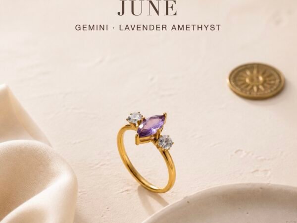 June lavender amethyst marquise trio birthstone ring in gold tone