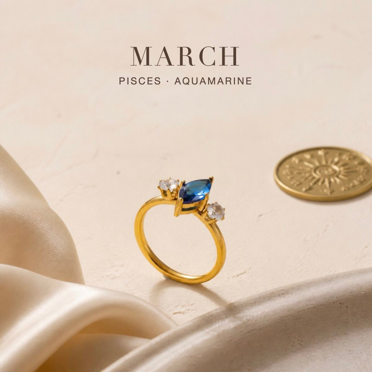 March Aquamarine Birthstone Marquise Trio Ring – Gold
