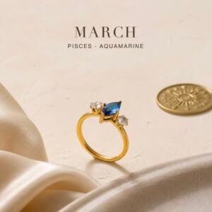 Gold Birthstone Marquise Trio Rings - March