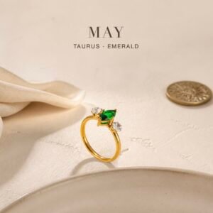 May emerald birthstone ring, marquise trio with green centre crystal and two clear accent crystals