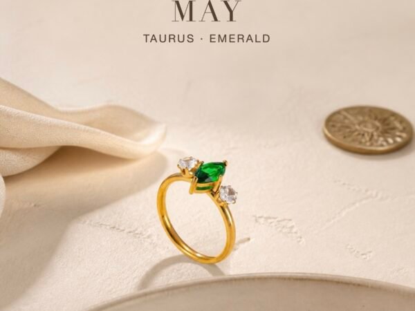 May emerald birthstone ring, marquise trio with green centre crystal and two clear accent crystals