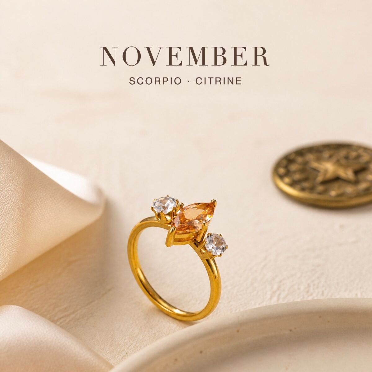 November Citrine Birthstone Marquise Trio Ring – Gold