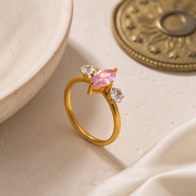 October Pink Tourmaline Birthstone Marquise Trio Ring – Gold