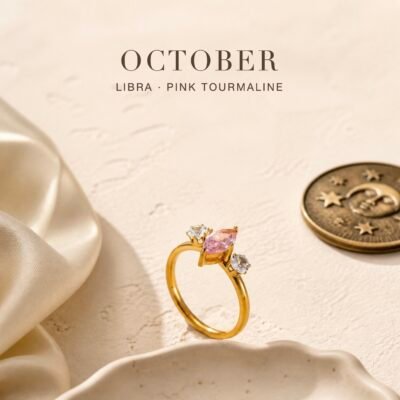 Pink tourmaline ring with a gold-tone marquise trio setting and two clear accent crystals