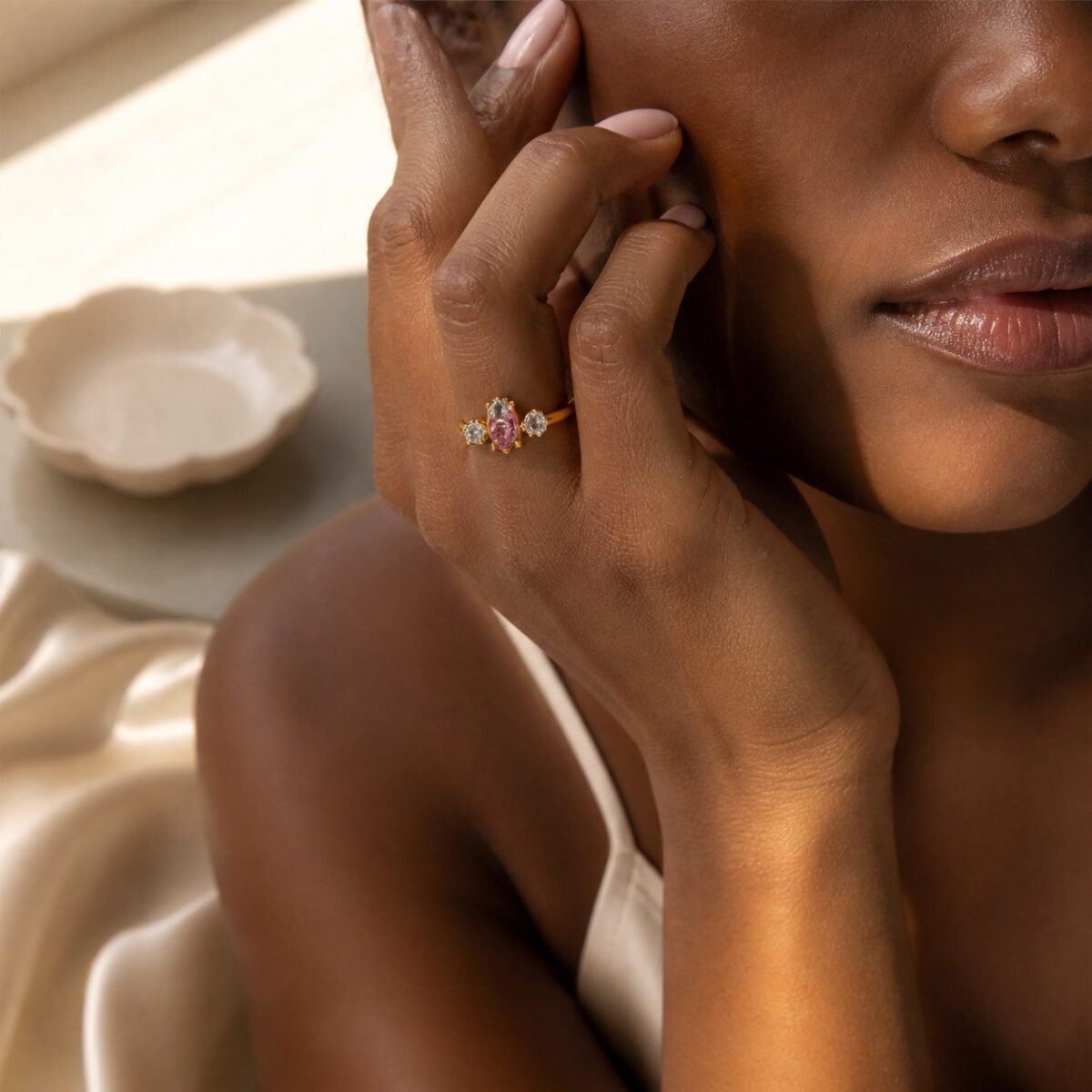 October Pink Tourmaline Birthstone Marquise Trio Ring – Gold