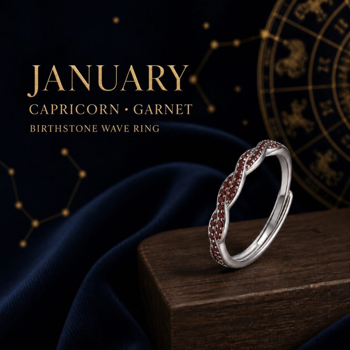 Silver birthstone ring shown with January Capricorn garnet birthstone artwork