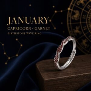 Silver birthstone ring shown with January Capricorn garnet birthstone artwork
