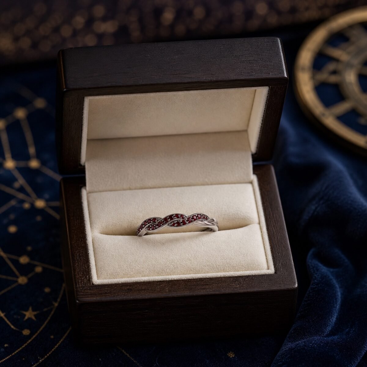 January Garnet Birthstone Wave Pavé Adjustable Ring – Silver