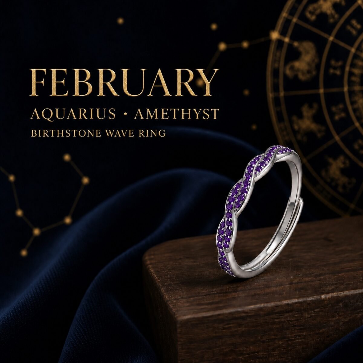 February Amethyst Birthstone Wave Pavé Adjustable Ring – Silver