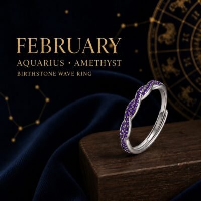 February Amethyst Birthstone Wave Pavé Adjustable Ring – Silver